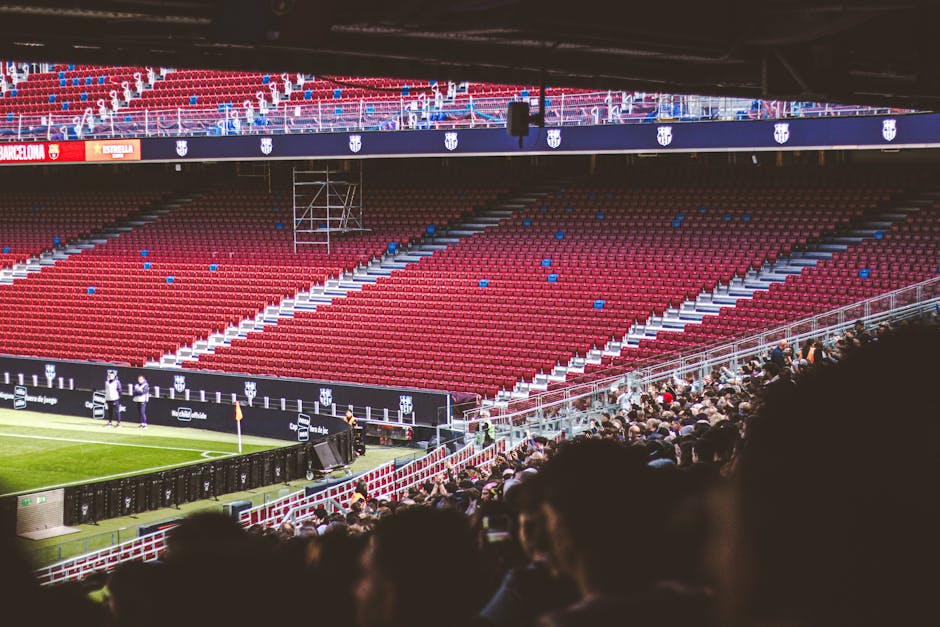 Inside Craven Cottage stadium, the image shows rows of red stadium seats, with some blue plastic tiles scattered among them, and a large section of the seating area under a dark roof. In the foreground, there are spectators seated, visible from the back, with some heads and shoulders at the very bottom of the frame. Along the side of the field, there are a few individuals dressed in light clothing, possibly staff or security, standing near the edge of the pitch. Adjacent to the seating area, there is a metal scaffolding structure, partially obscured, likely used for maintenance or lighting adjustments. The inside of Fulham Removals' activity involves packing and furniture transport, and this image appears to be taken from an area accessible during a home relocation or match day restrictions at the stadium, which may require careful planning for moving services with loading areas near doorways or pathways. The overall environment is well-lit with natural or stadium lighting, highlighting the detailed seating arrangement and infrastructure, emphasizing the spaciousness suitable for event logistics or a move within a large sports venue.